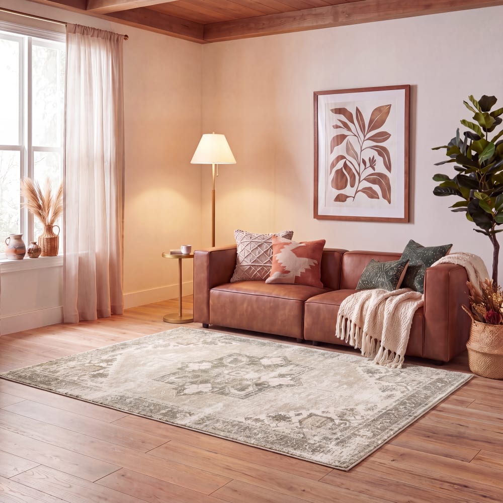 Tapis traditionnel en polyester vert/blanc, 91 x 152 cm — vue 3