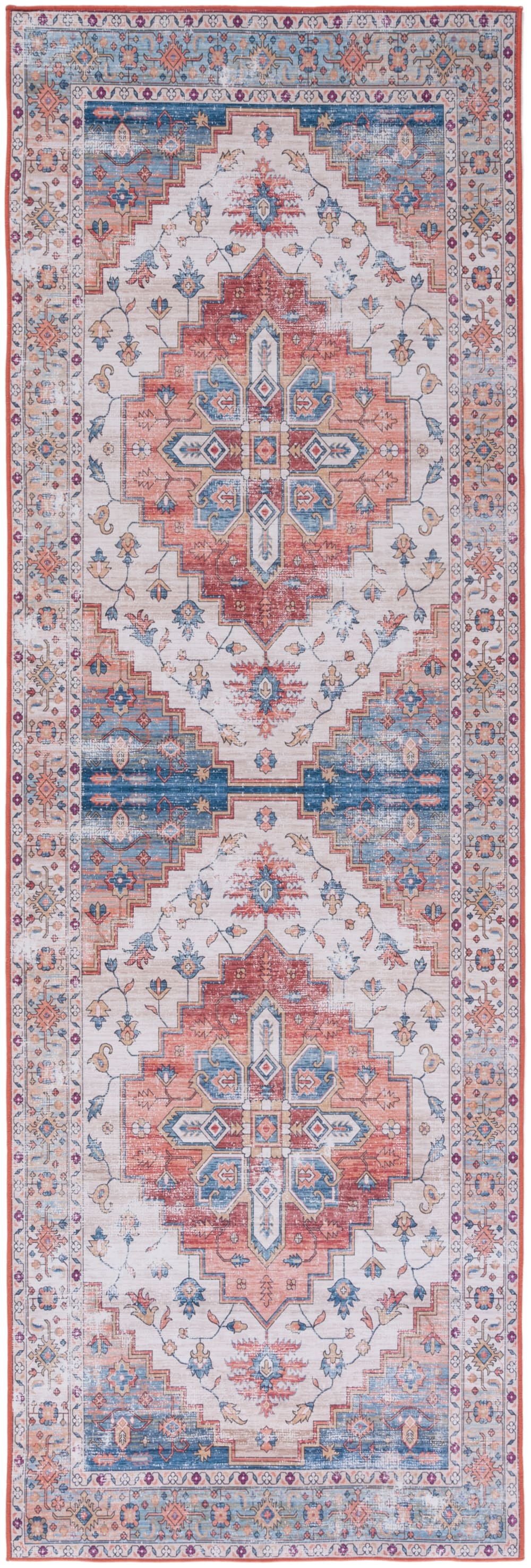 Tapis traditionnel en polyester beige/bleu, 76 x 183 cm