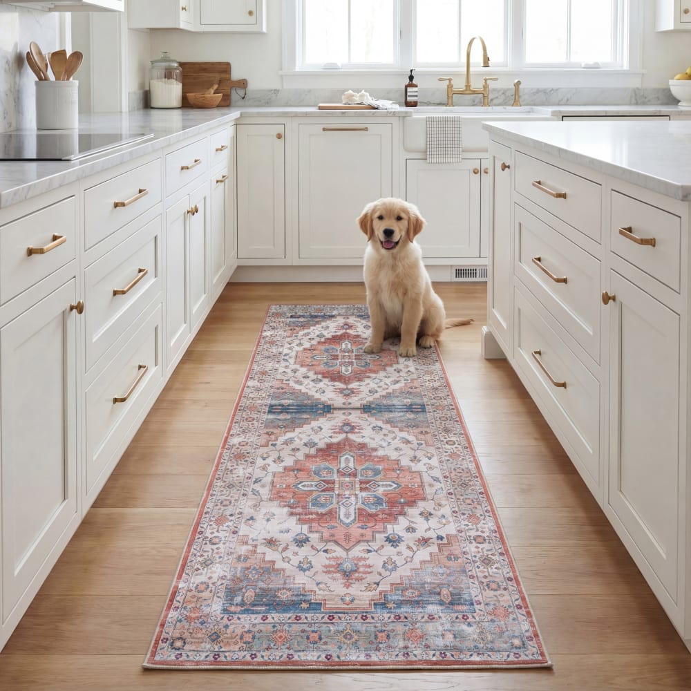 Tapis traditionnel en polyester beige/bleu, 76 x 183 cm — vue 4
