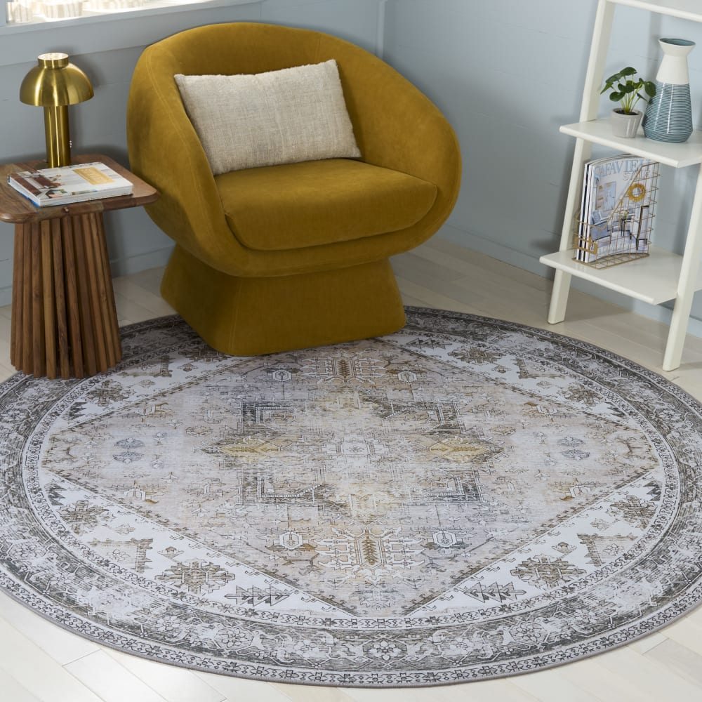 Tapis traditionnel en polyester beige/gris, 183 cm — vue 3