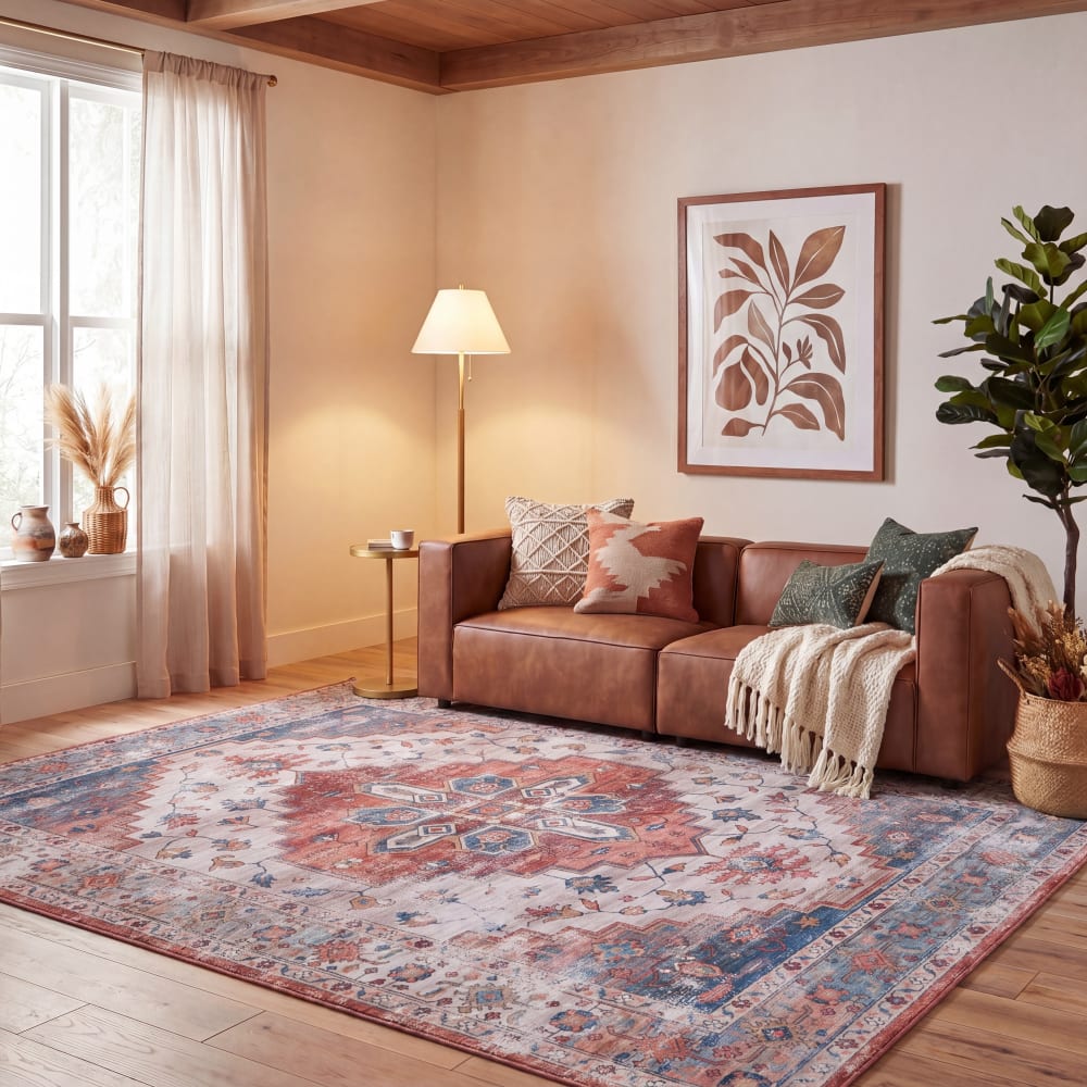 Tapis traditionnel en polyester beige/bleu, 91 x 152 cm — vue 3