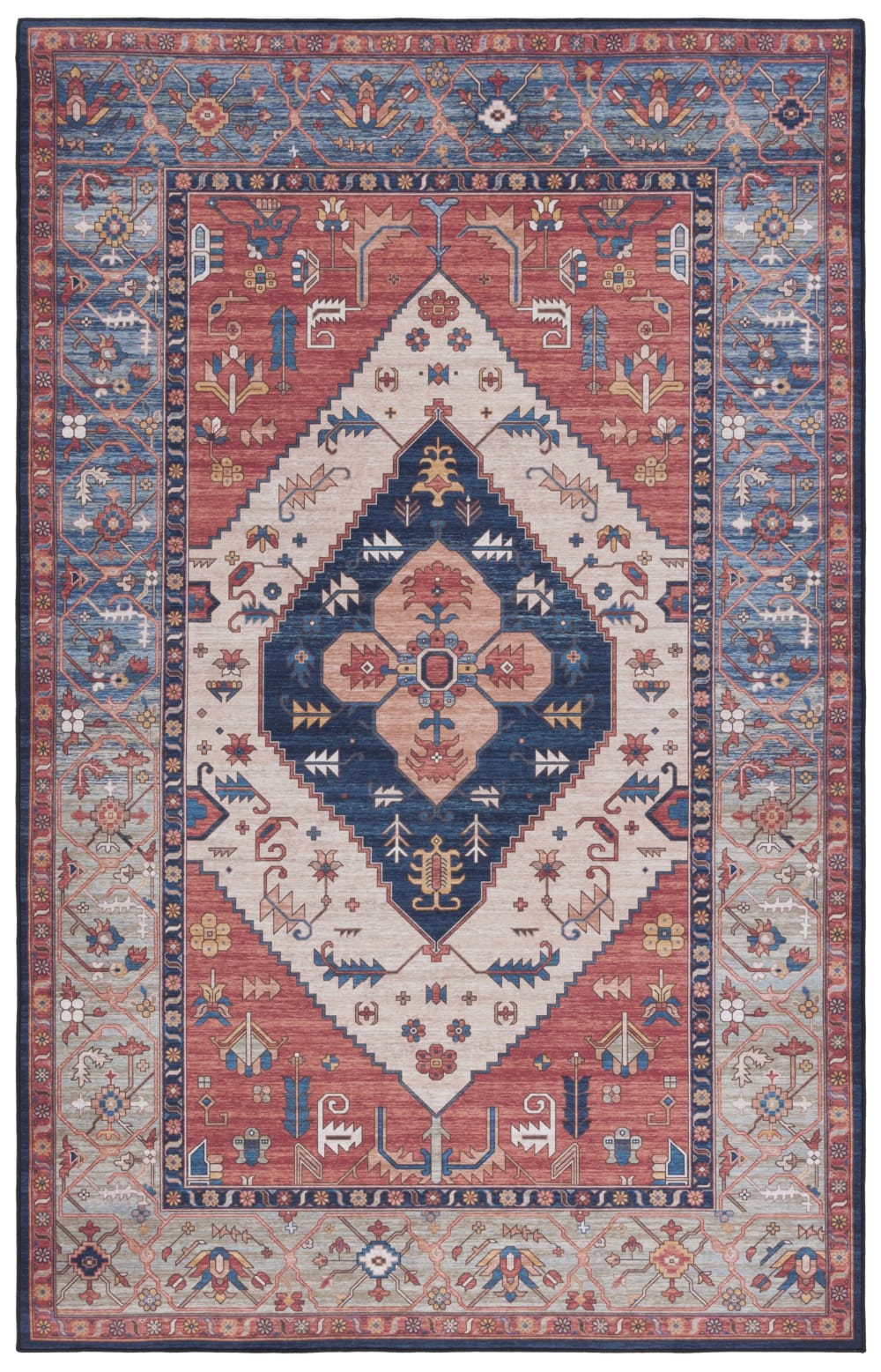 Tapis traditionnel en polyester orange/bleu, 91 x 152 cm
