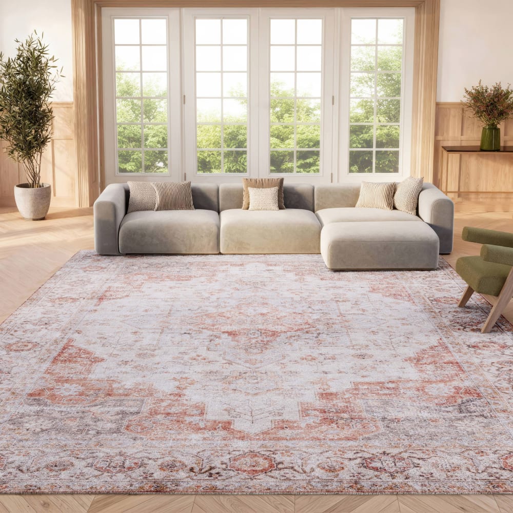 Tapis traditionnel en polyester gris/orange, 198 x 274 cm — vue 3