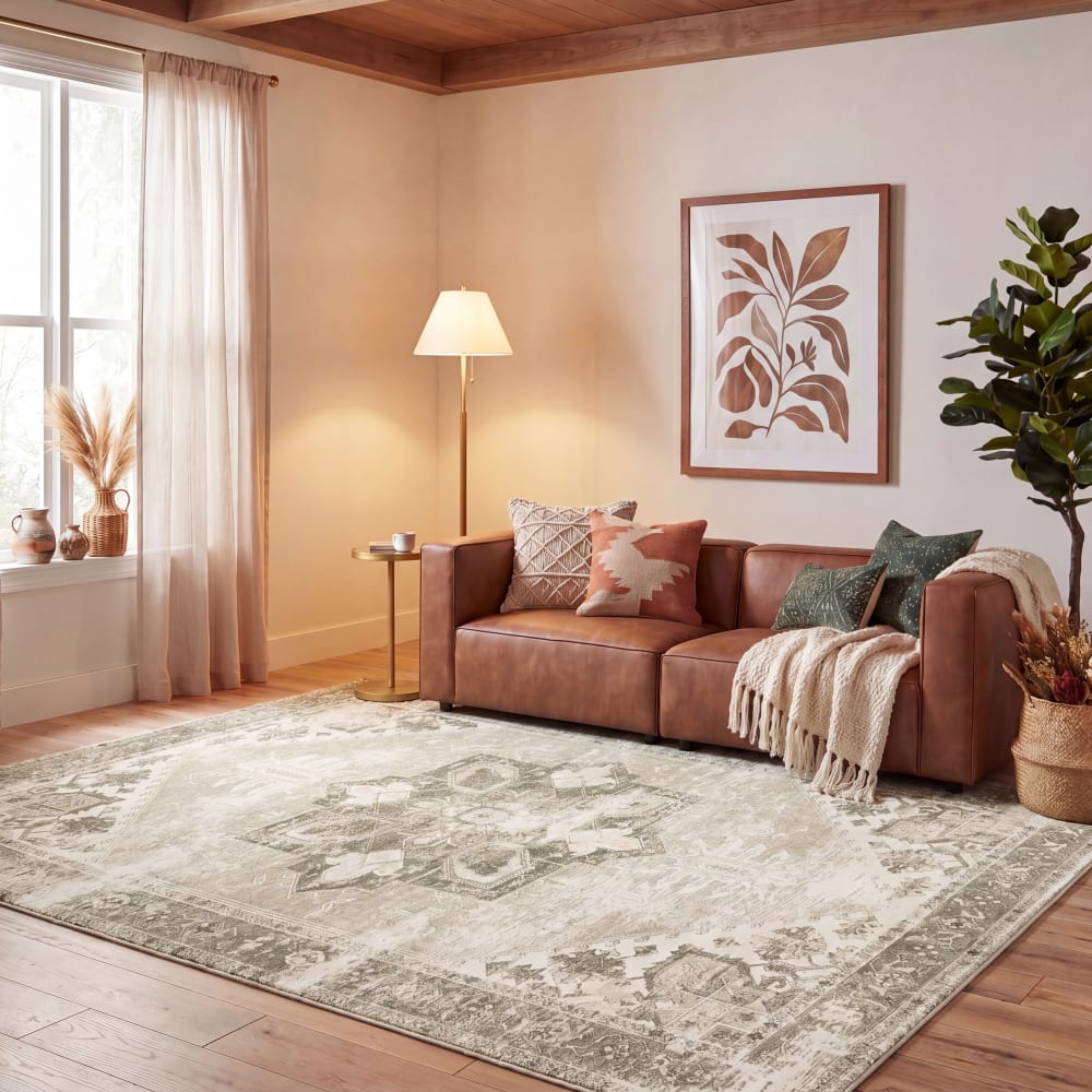 Tapis traditionnel en polyester vert/blanc, 183 x 274 cm — vue 3