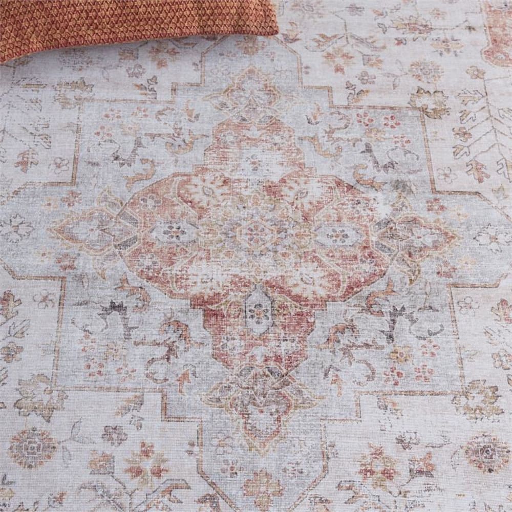 Tapis traditionnel en polyester gris/orange, 122 x 122 cm — vue 3