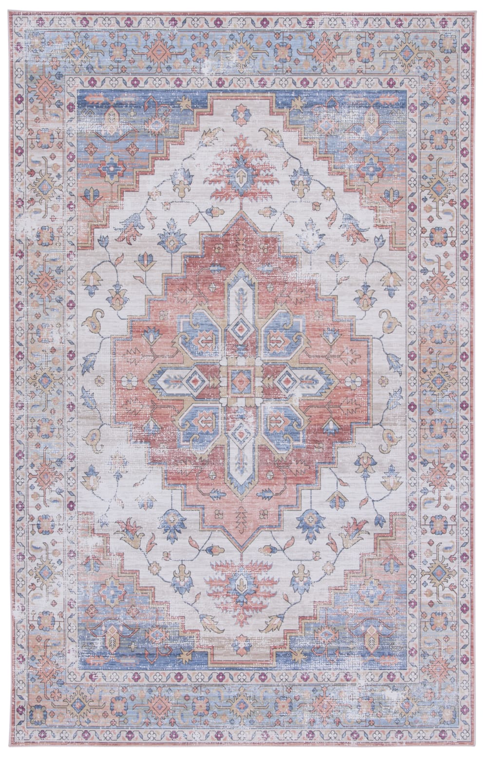 Tapis traditionnel en polyester beige/bleu, 76 x 122 cm