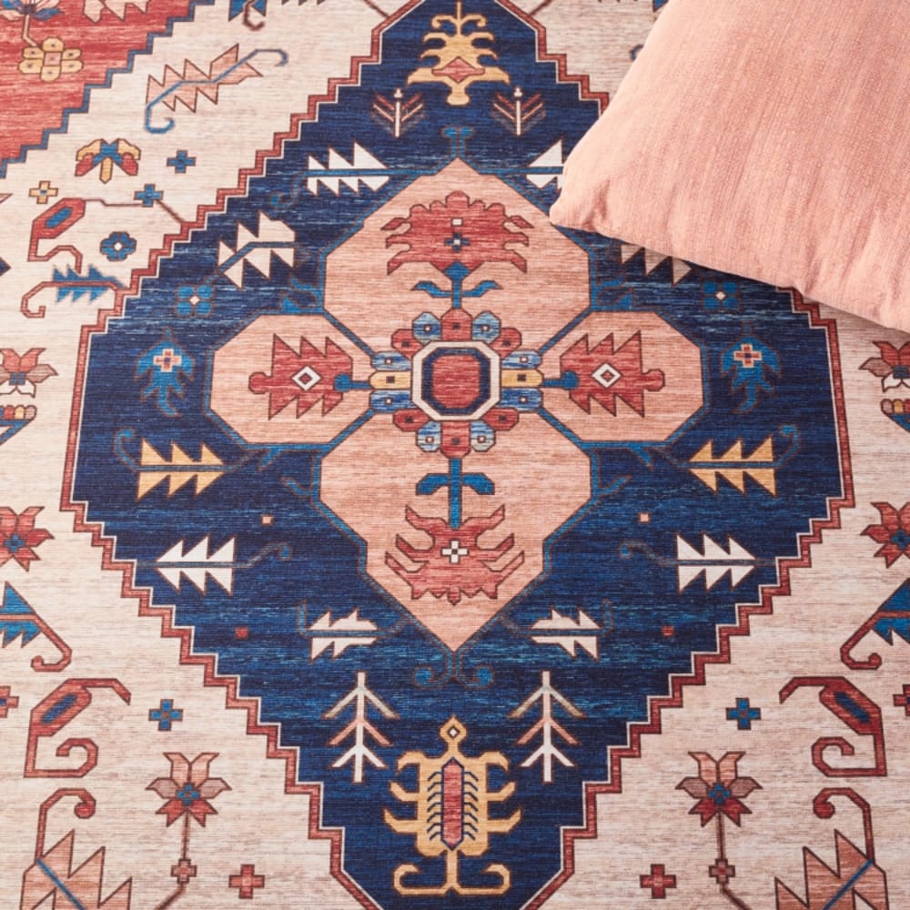 Tapis traditionnel en polyester orange/bleu, 122 x 122 cm — vue 3