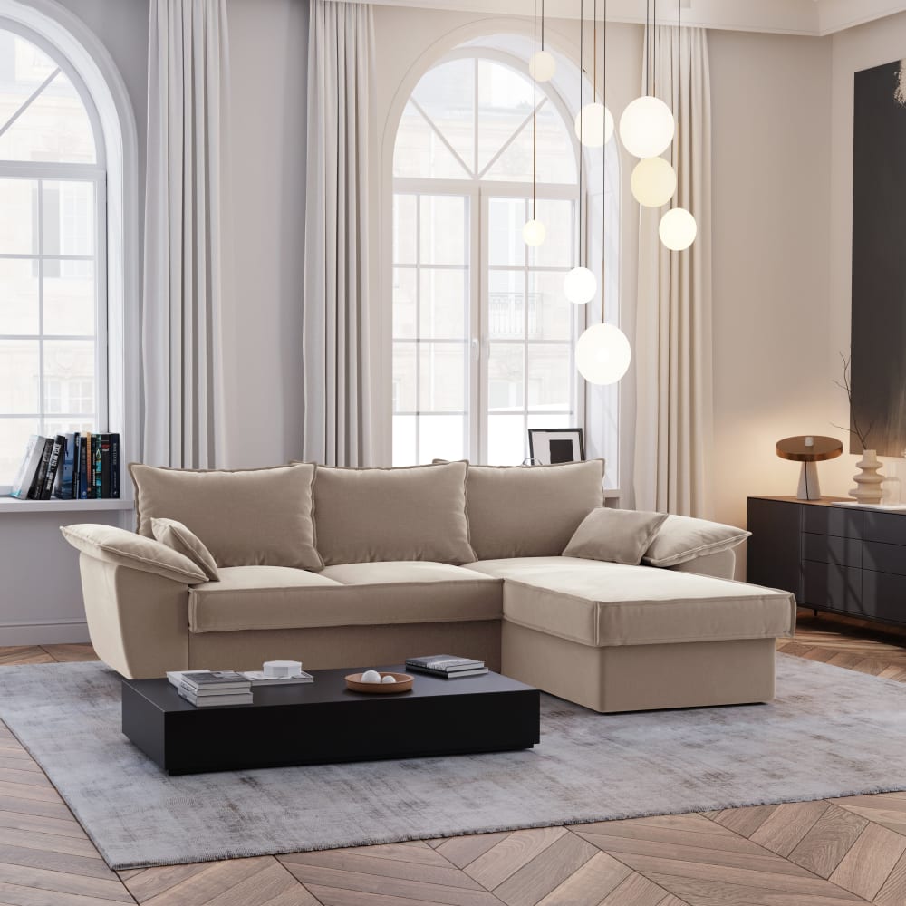 Canapé d'angle droit convertible 4 places en velours beige
