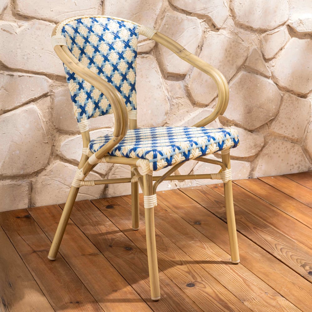 Fauteuil de terrasse bistrot parisien en aluminium et rotin bleu