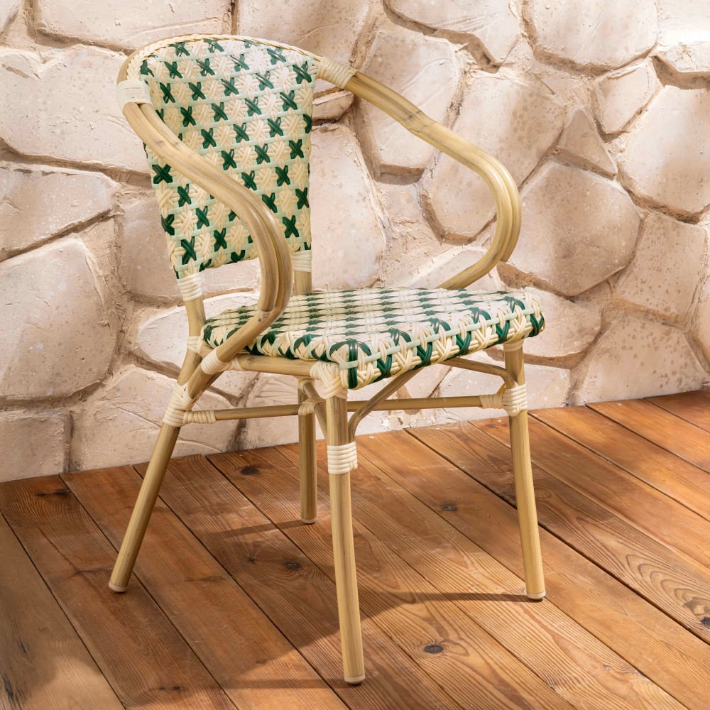 Fauteuil de terrasse bistrot parisien en aluminium et rotin vert foncé