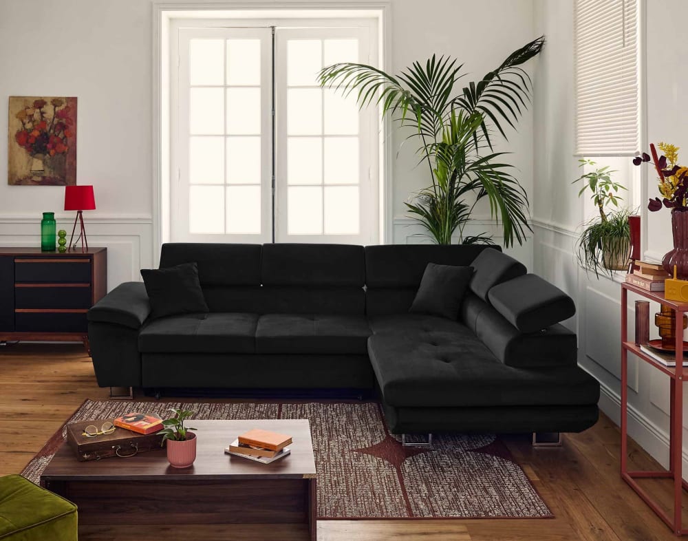 Canapé d'angle droit convertible 5 places avec coffre en velours noir - Maisons du Monde