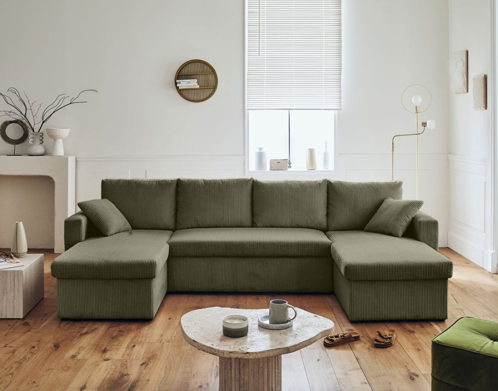 Canapé panoramique 7 places convertible coffre en velours côtelé vert - Maisons du Monde
