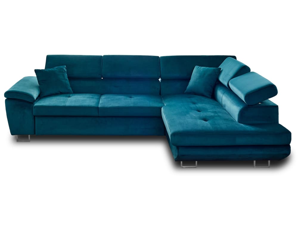 Canapé d'angle droit convertible 5 places avec coffre en velours bleu - Maisons du Monde
