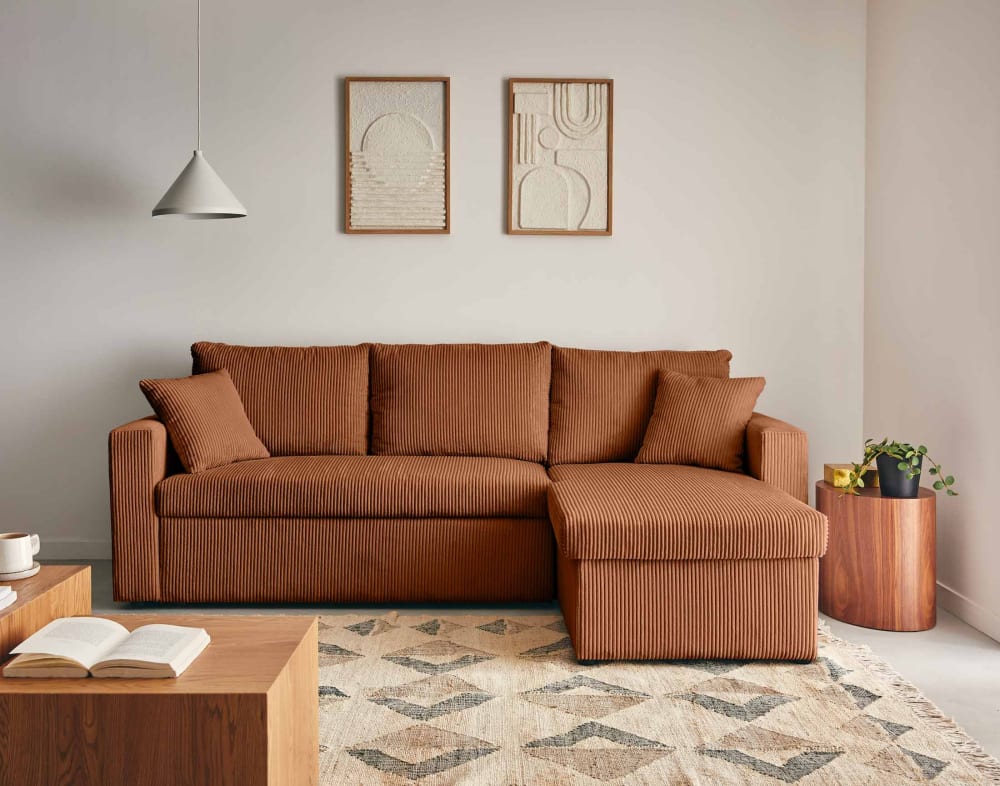Canapé d'angle convertible 4 places en velours côtelé terracotta