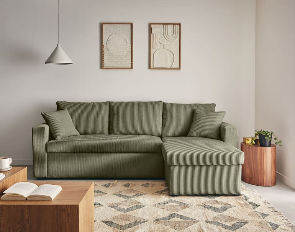 Canapé d'angle convertible 4 places en velours côtelé vert