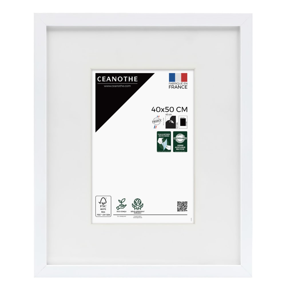 Cadre photo blanc 40x50 cm verre acrylique avec passe-partout bois