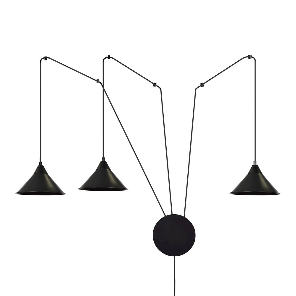 Wonderlamp Applique réglable avec câble de 5 m et 3 abat-jour noirs style contemporain - Métal