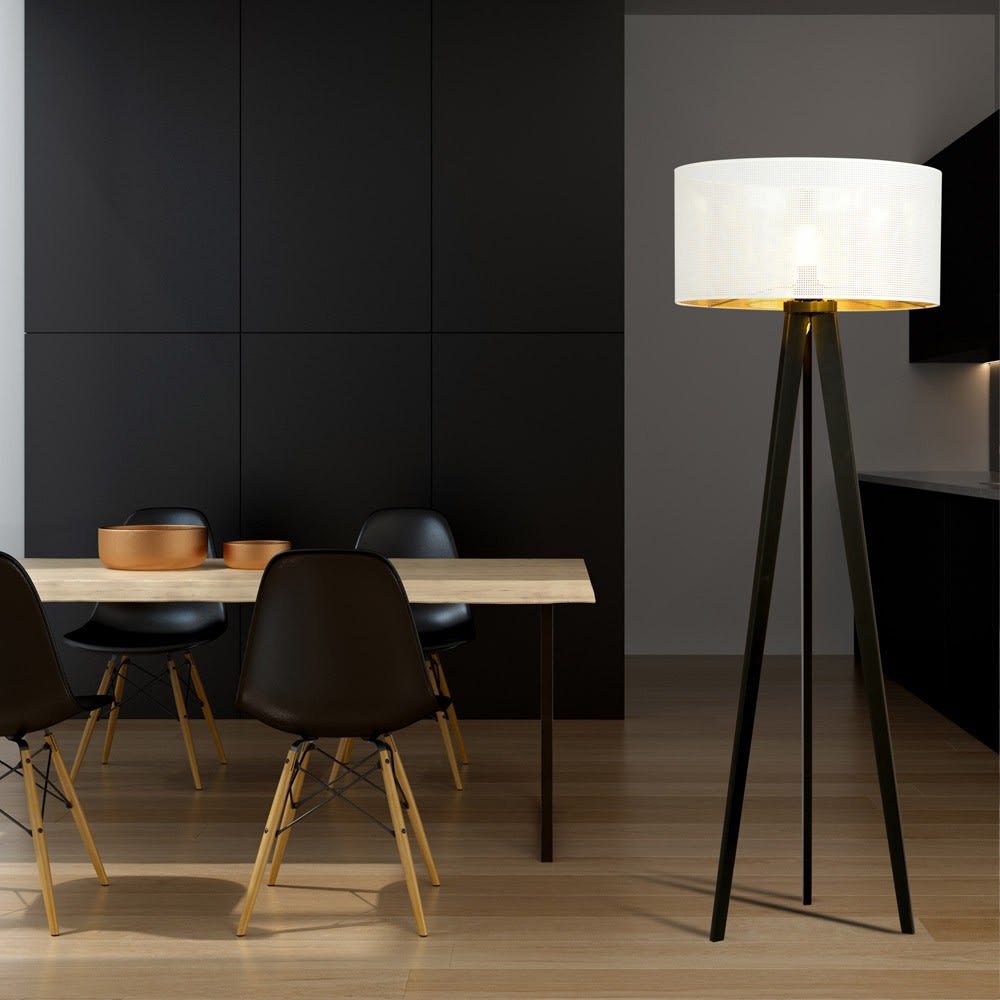 Lampadaire trépied en bois avec abat-jour blanc et doré