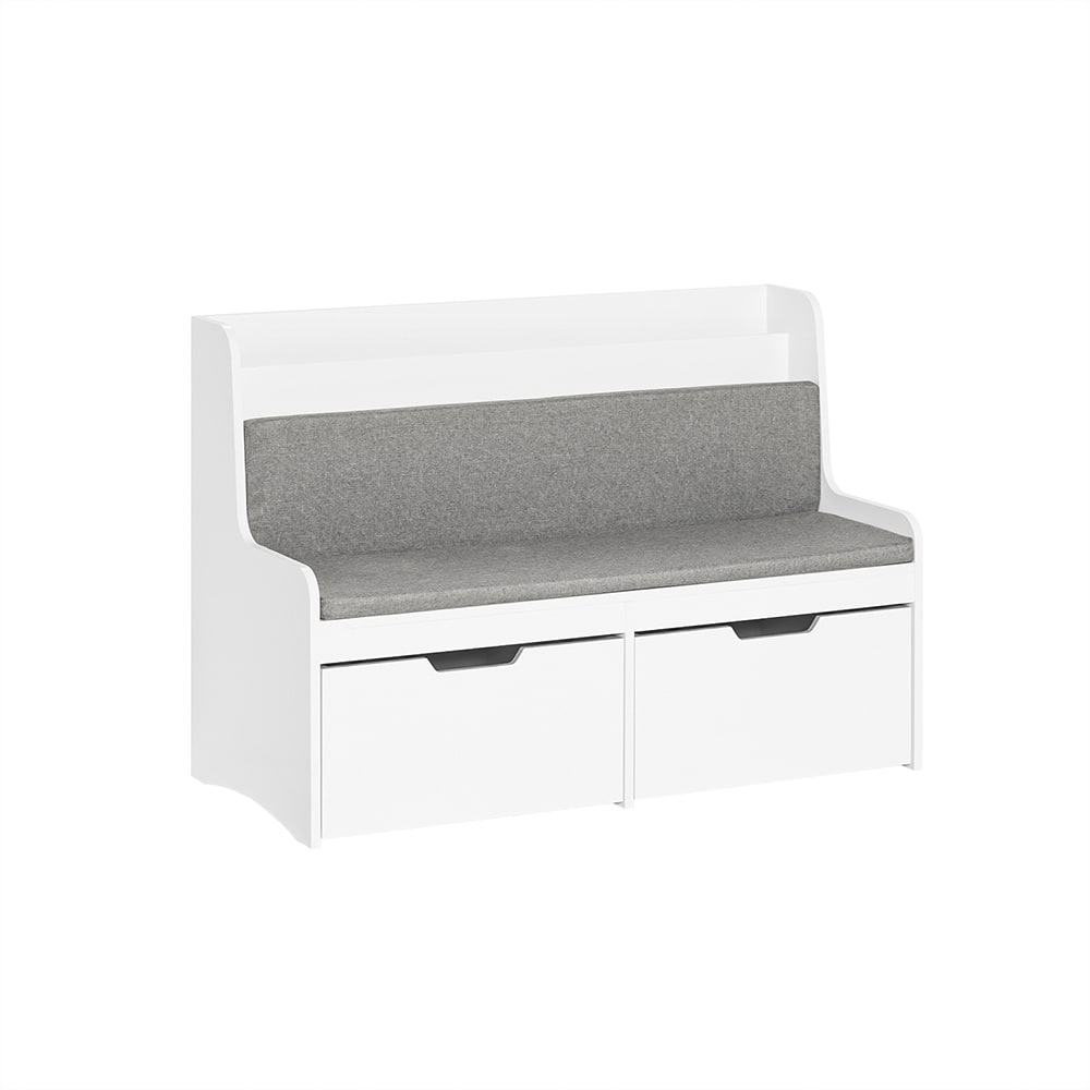 Coffre à jouets pour enfants effet bois blanc coussin en gris