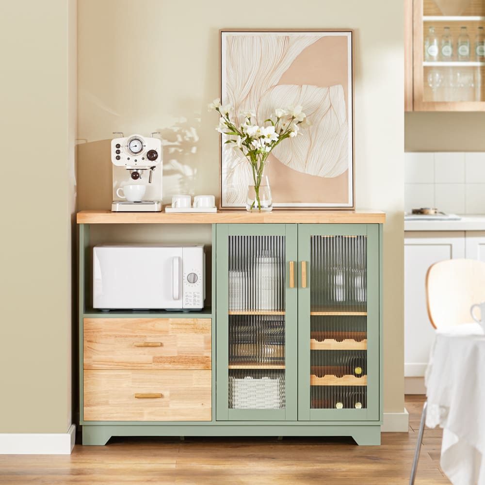Buffet placard avec 2 portes vitrées effet bois vert