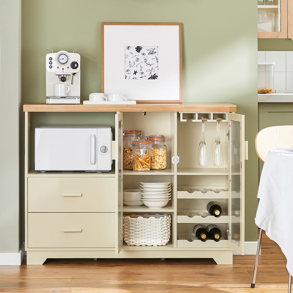 Buffet placard avec 2 portes vitrée effet bois beige