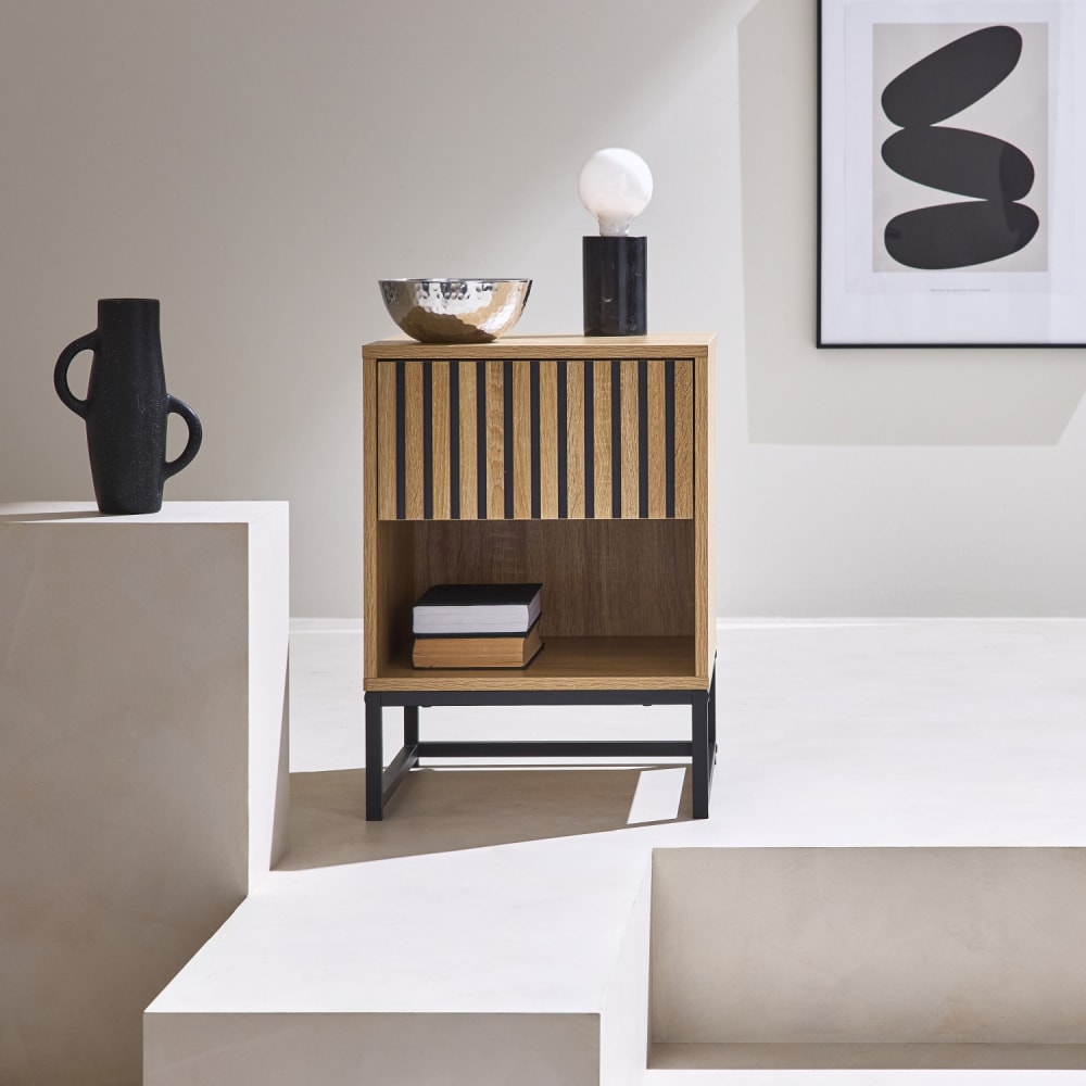 sweeek Nachttisch mit geriffelter Holzoptik 1 Schublade style modern Beige Spanplatte
