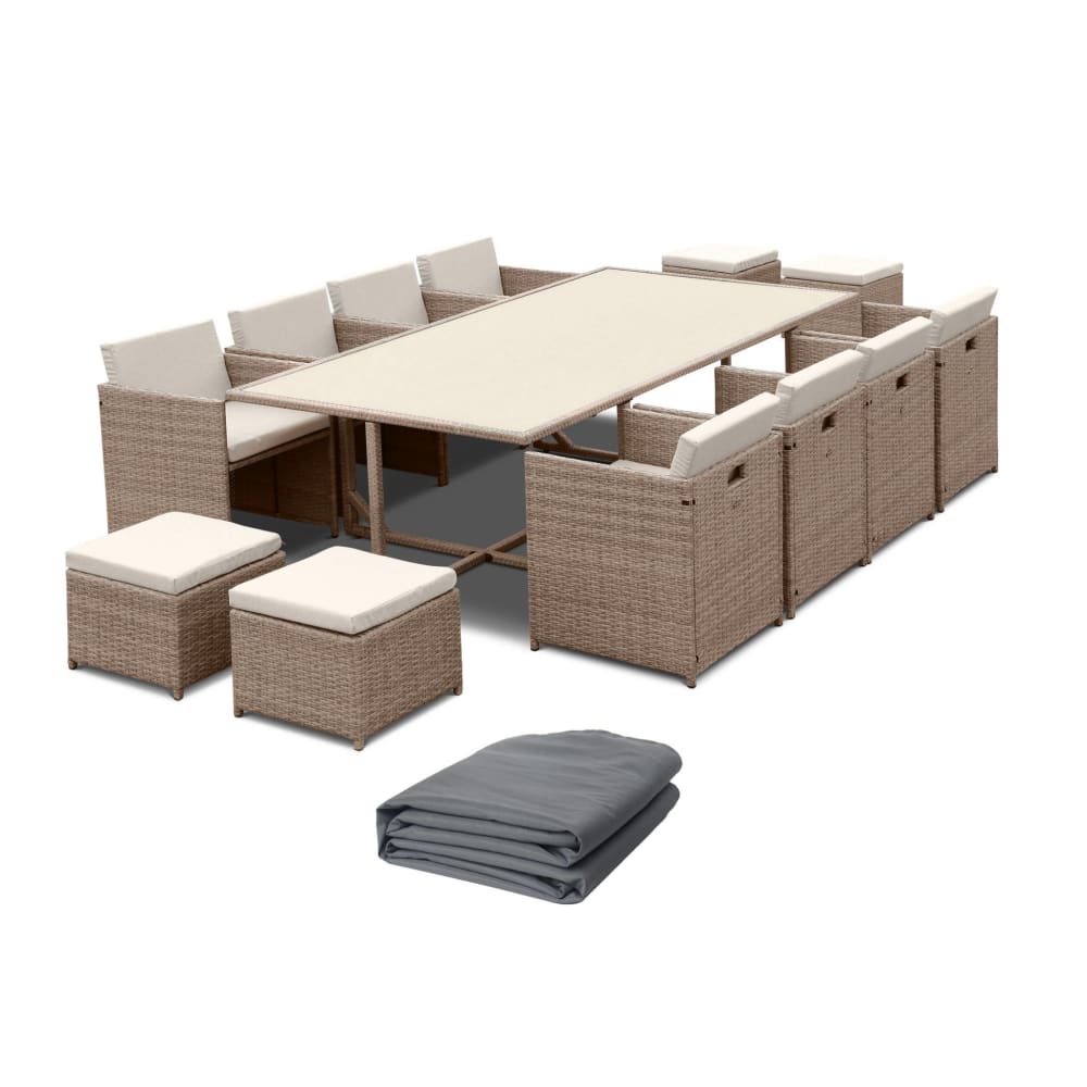 Table de jardin 12 places coussins beige + housse