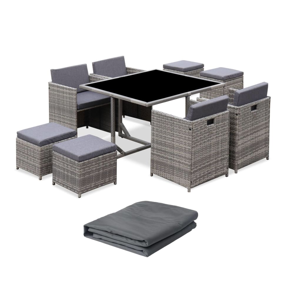 Table de jardin nuances de gris coussins gris chiné