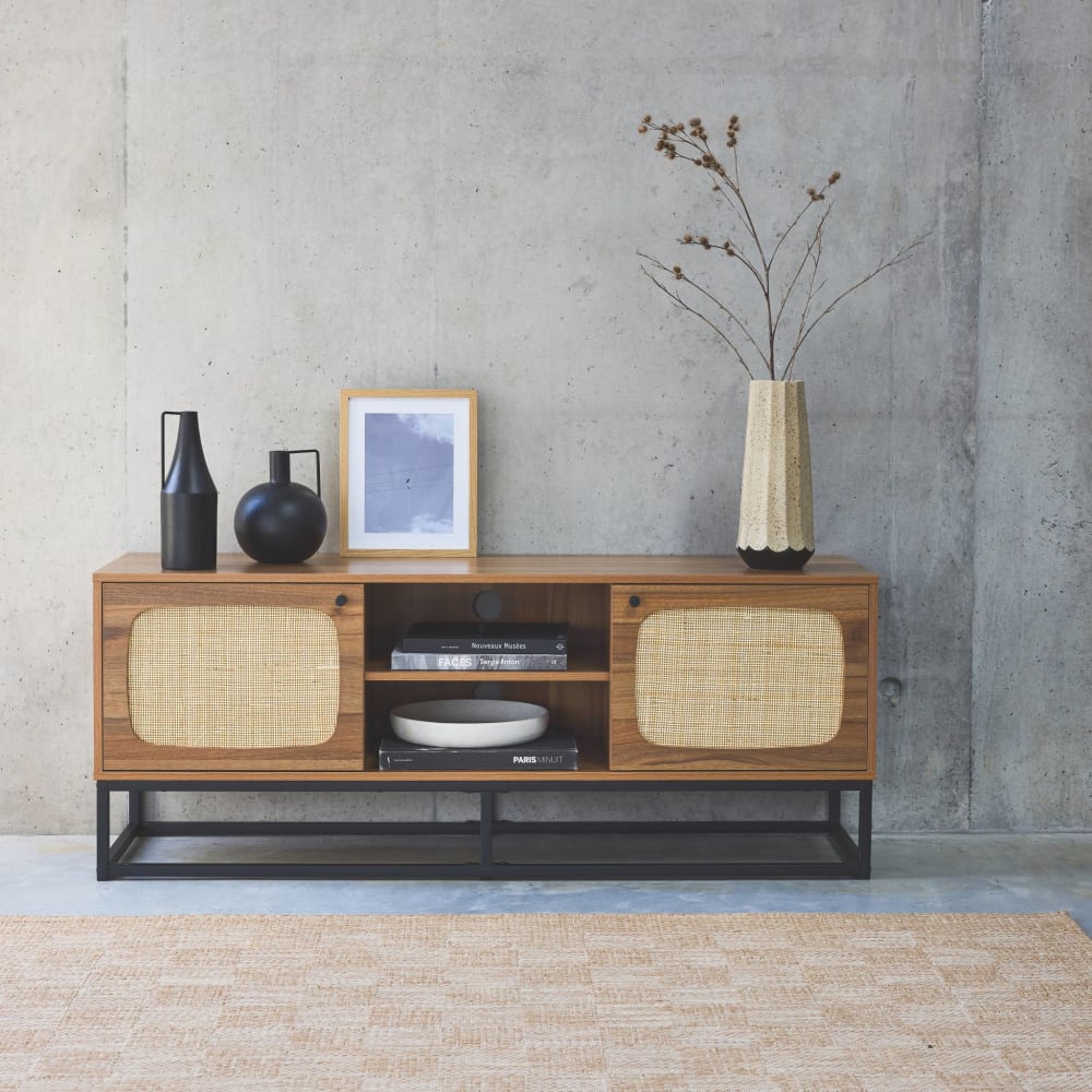 Meuble tv décor bois et cannage arrondi 140cm