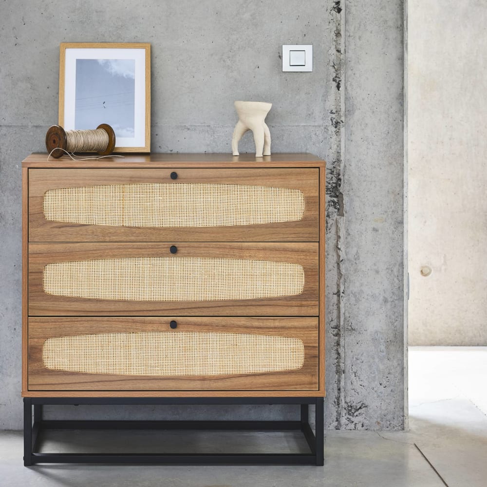 Commode rétro en décor bois et cannage 3 tiroirs