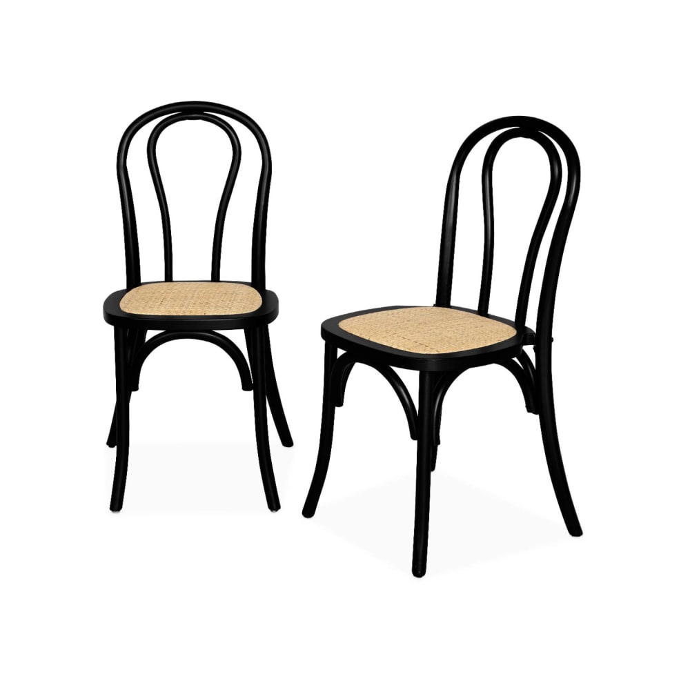 2er Set abgerundete Holz- und Stühle aus Rattan-Geflecht schwarz