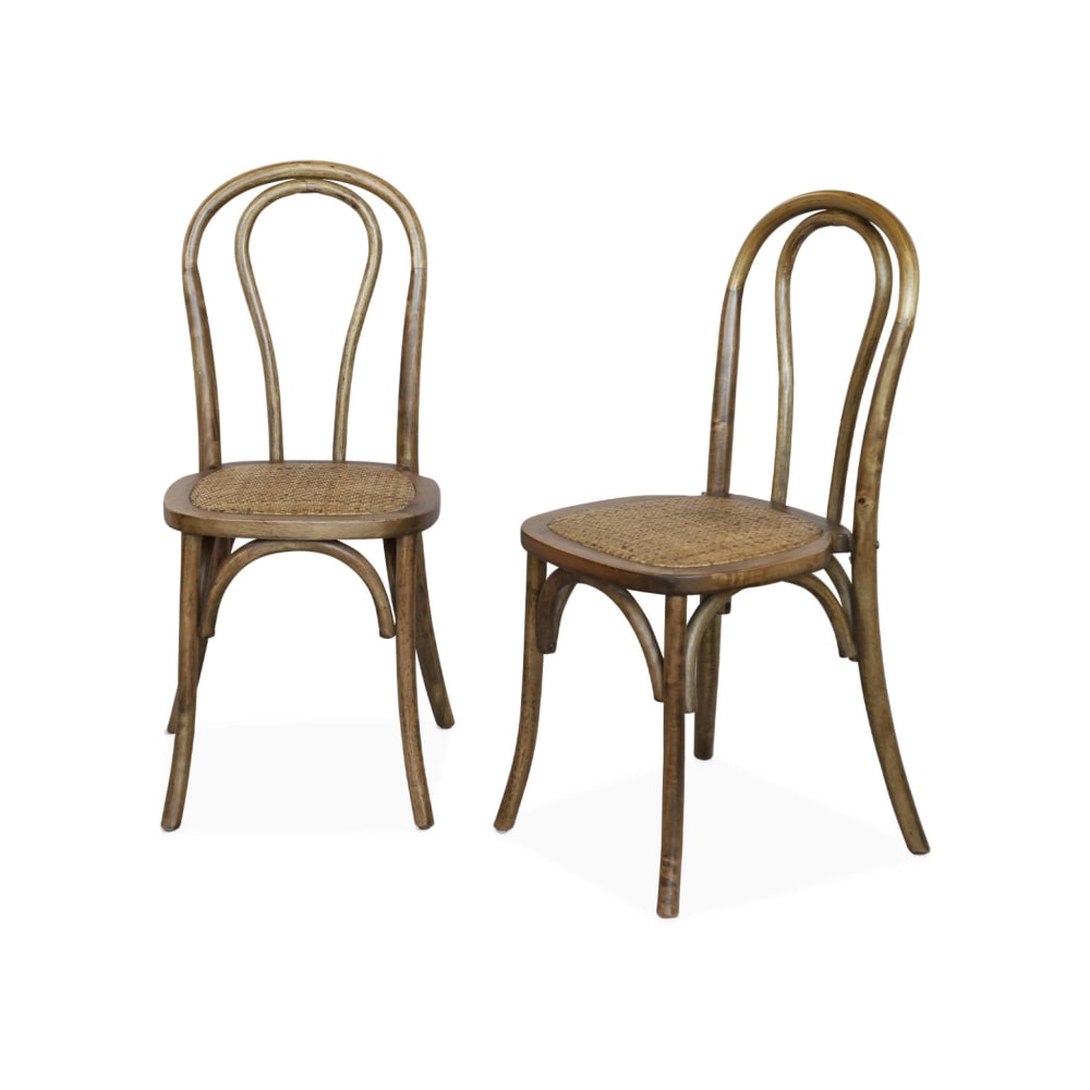 2er Set abgerundete Holz- und Stühle aus Rattan-Geflecht