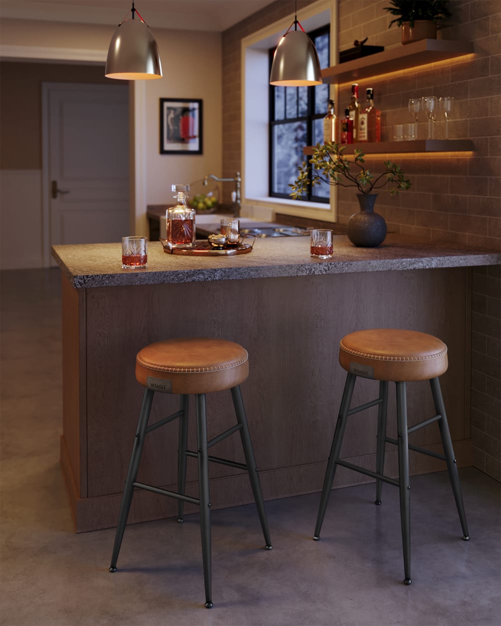 Tabouret de bar lot de 4 acier mousse marron caramel