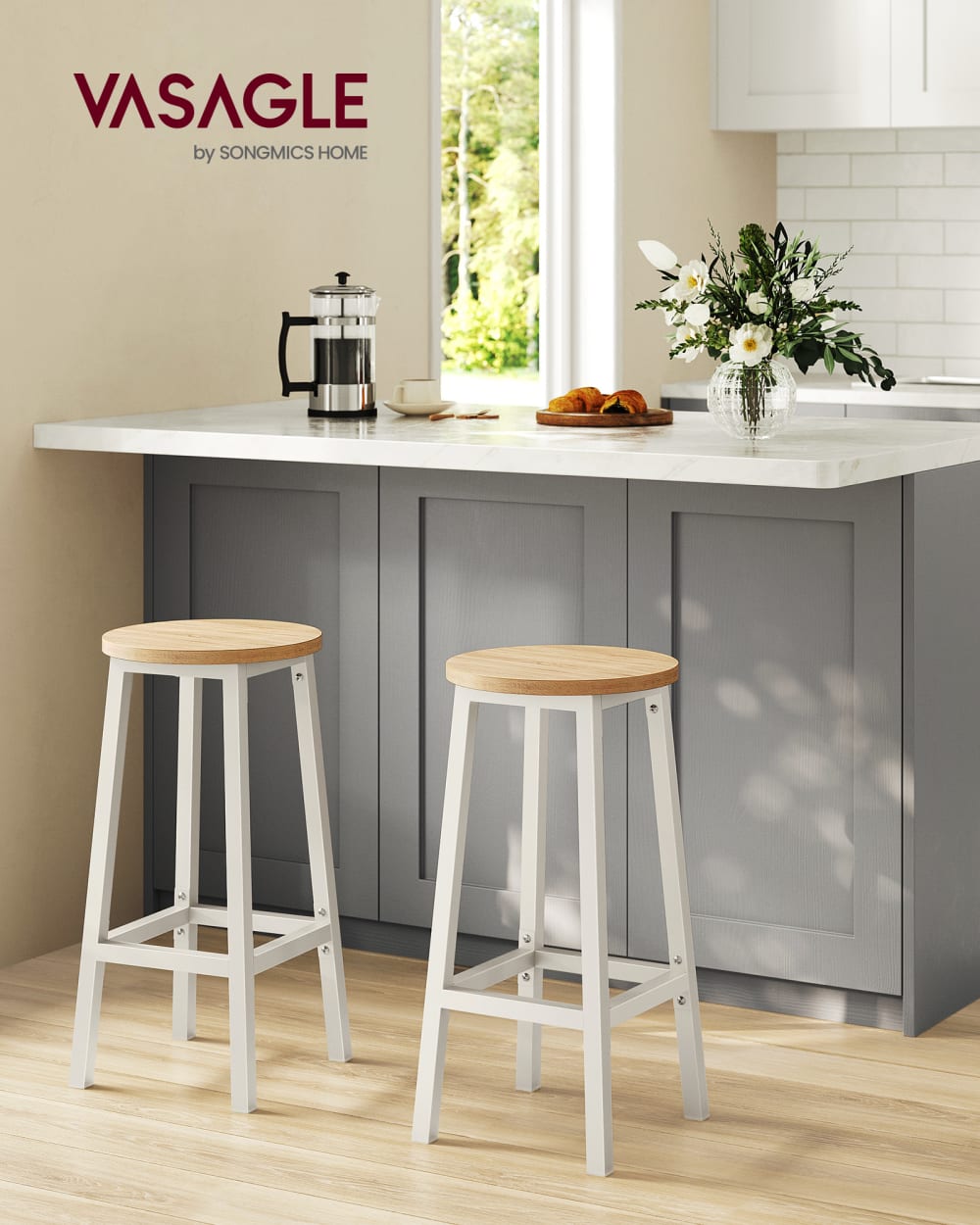 Tabourets de bar lot de 4 rond avec repose-pieds effet bois blanc