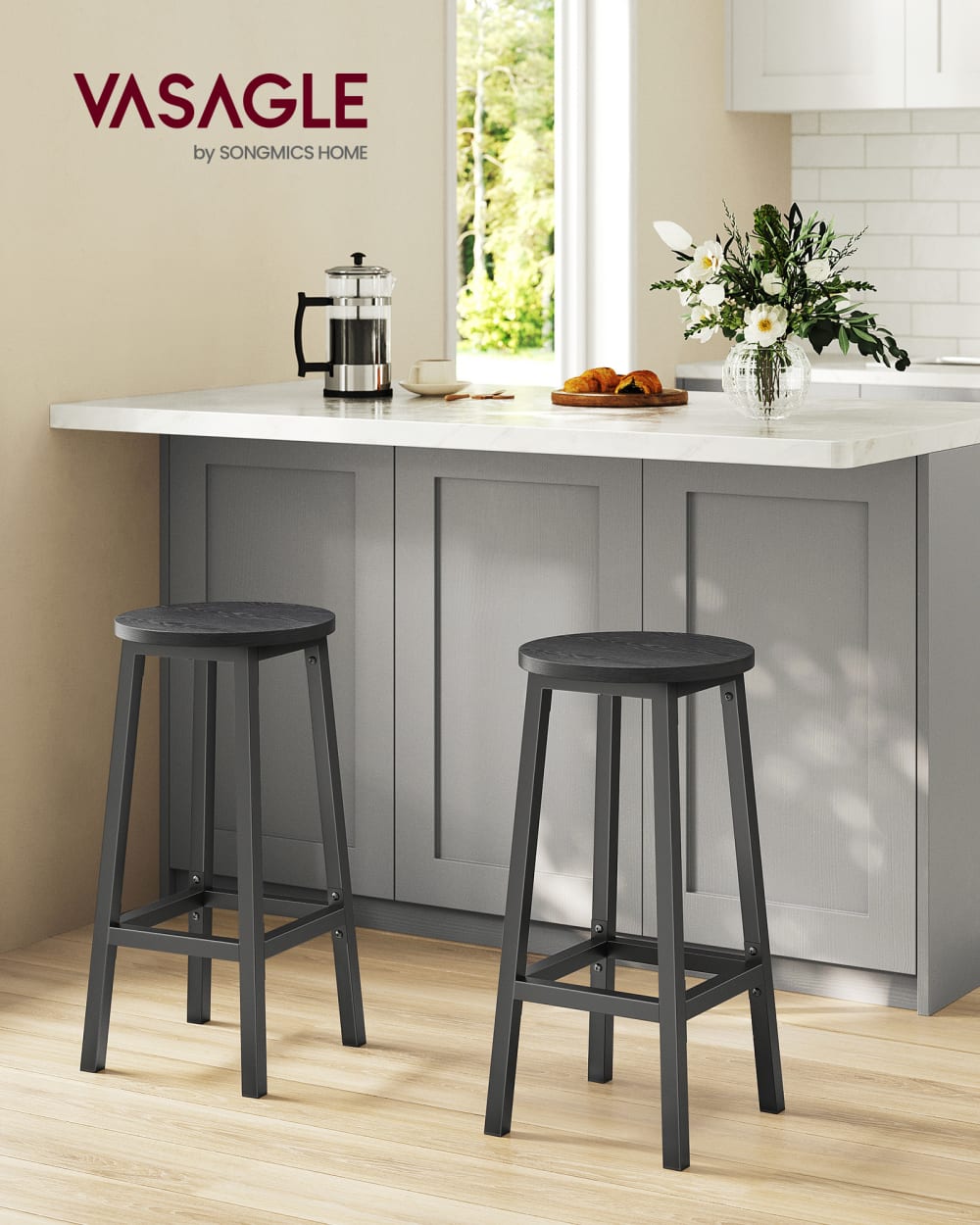 Tabourets de bar lot de 4 rond avec repose-pieds effet bois noir