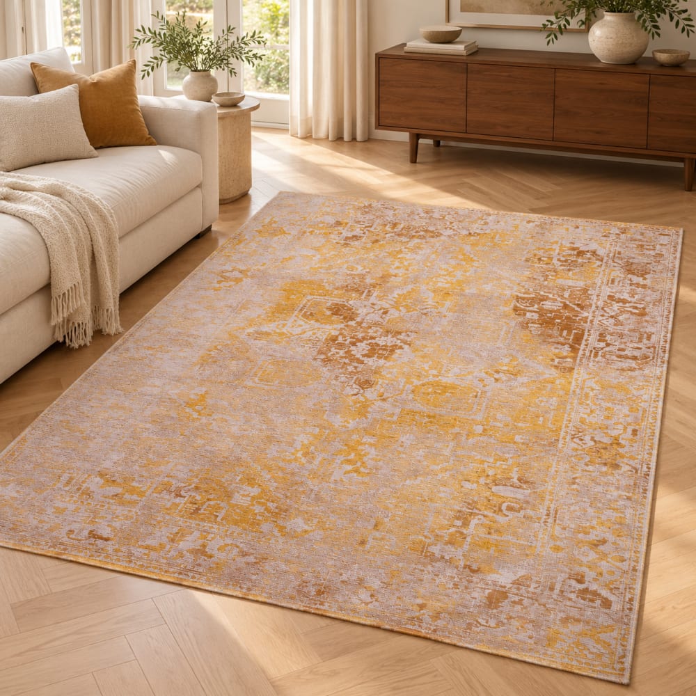 Novatrend Wohnzimmer- und Schlafzimmerteppich modern flachgewebt CROWN style modern Gelb Öko-Tex Zertifikat Pes - Polyester