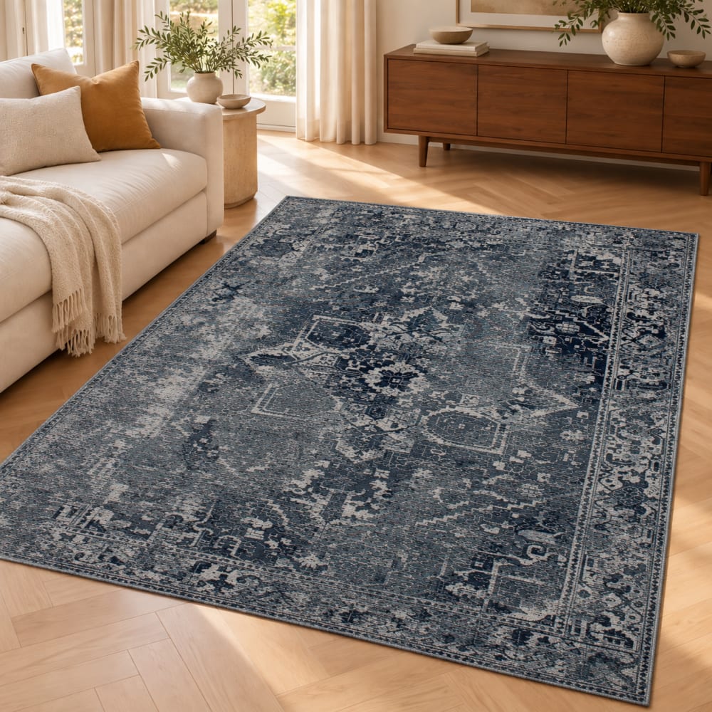 Novatrend Wohnzimmer- und Schlafzimmerteppich modern flachgewebt CROWN style modern Blau Öko-Tex Zertifikat Pes - Polyester