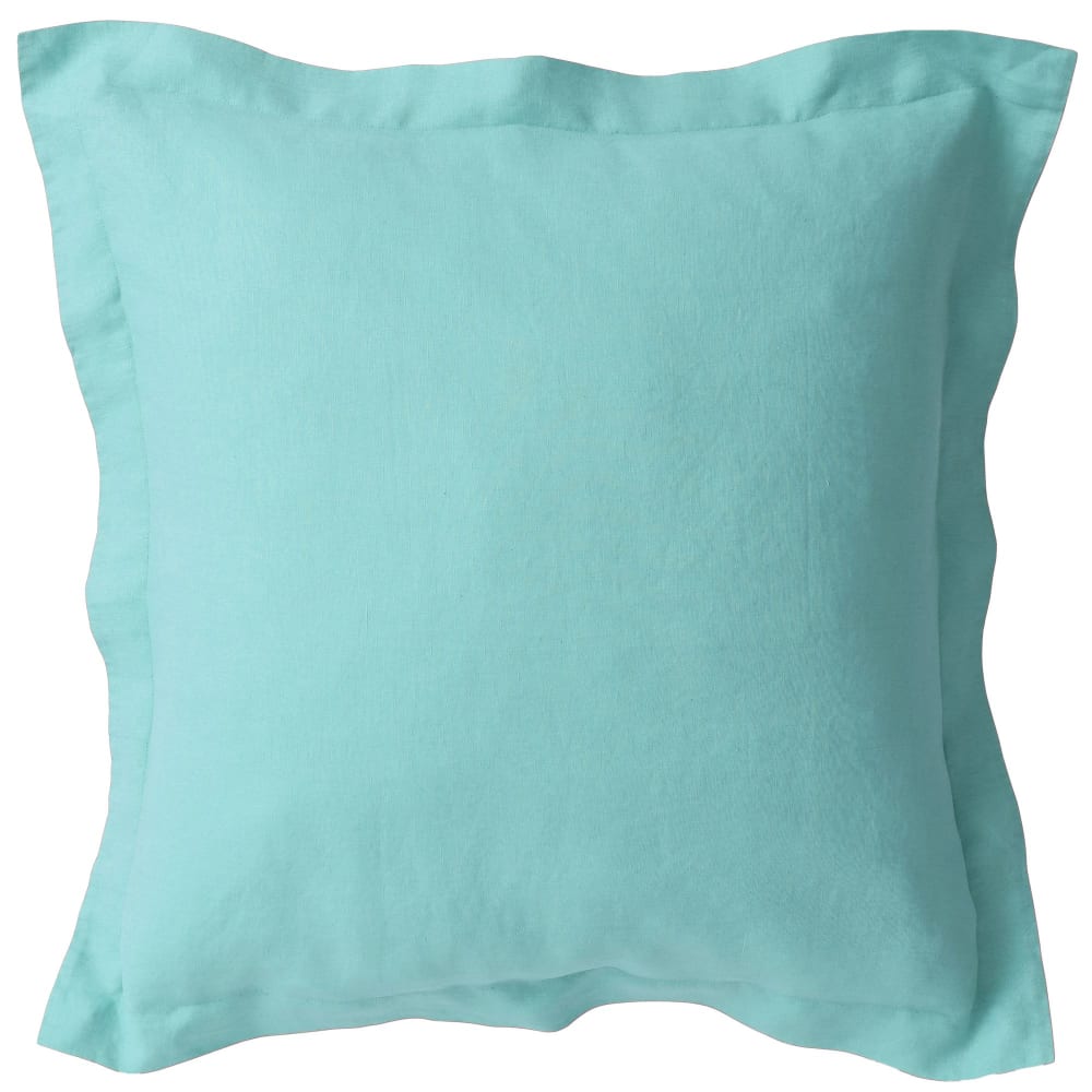 Taie volant en lin bleu aqua 63x63cm