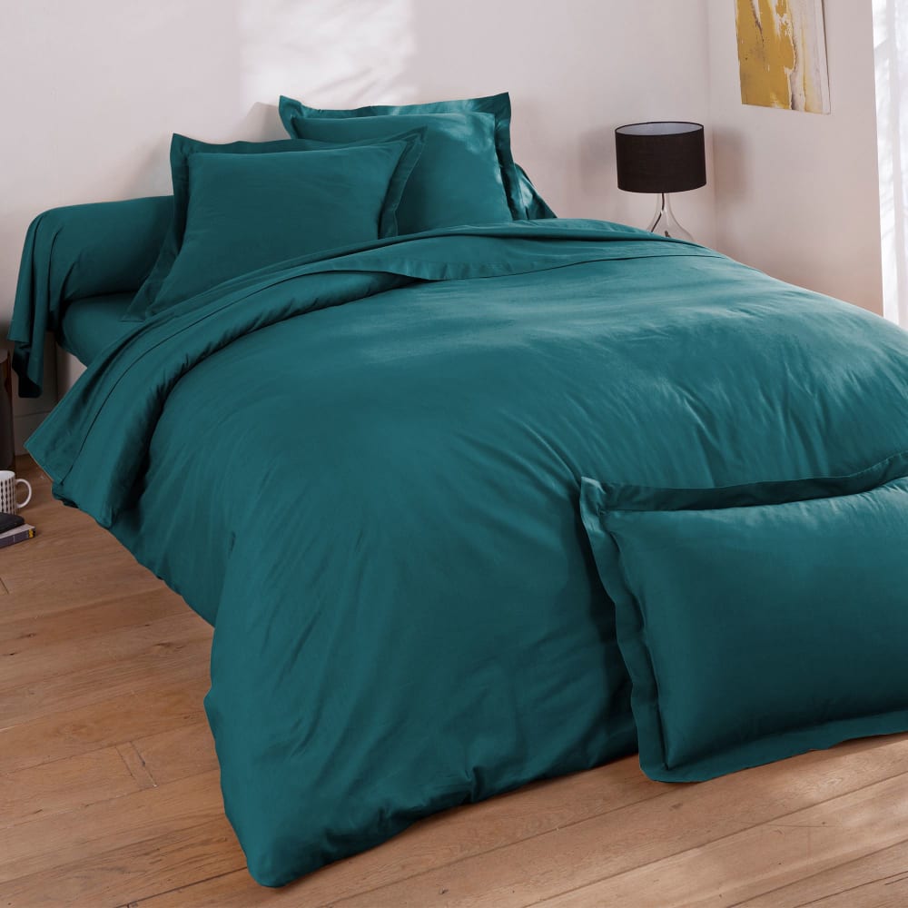 Drap-housse en coton bleu canard 160x200x28cm — vue 3