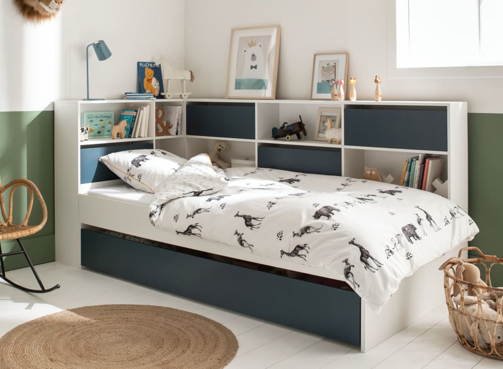 Lit gigogne avec rangement 90x190 Blanc et Bleu - Maisons du Monde