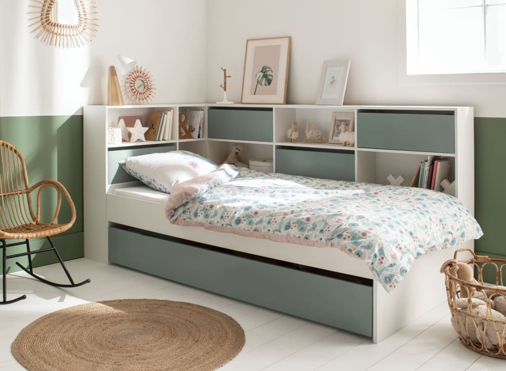 Lit gigogne avec rangement 90x190 Blanc et Vert