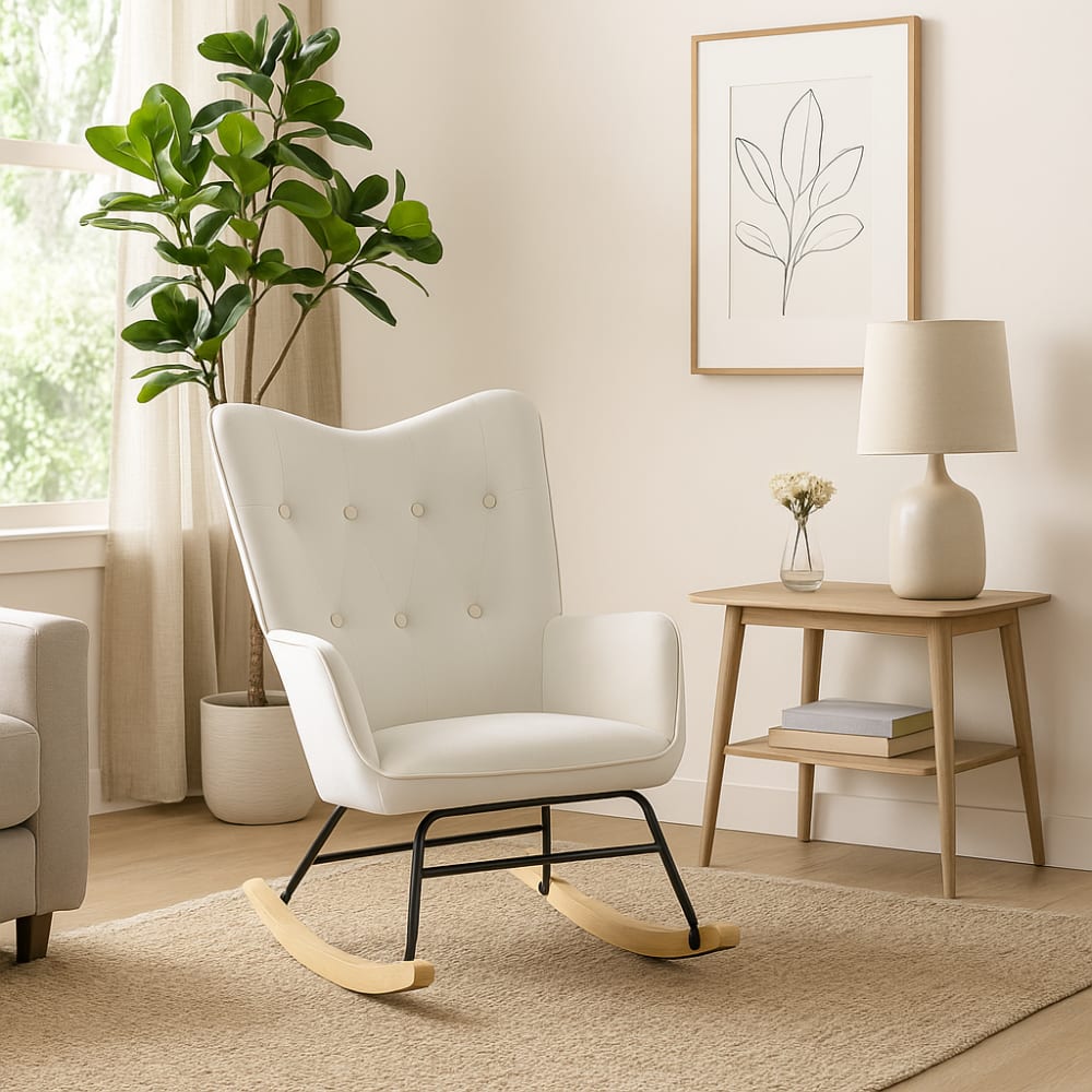 Fauteuil à bascule rocking chair velours blanc cassé - Maisons du Monde