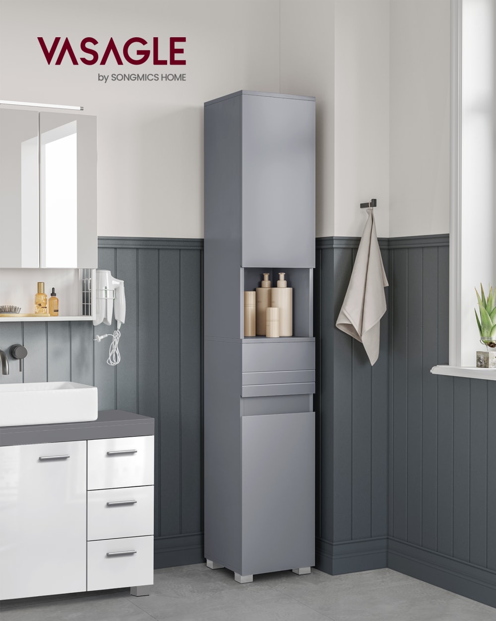 Colonne de salle de bain meuble haut rangement 30 x 30 x 170 cm gris - Maisons du Monde