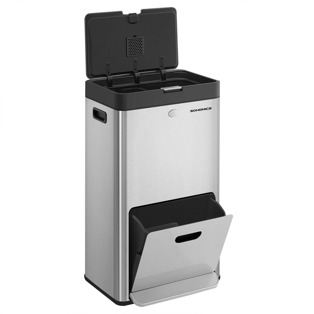 Poubelle de cuisine 2 x 17L et 26L 3 compartiments acier argent