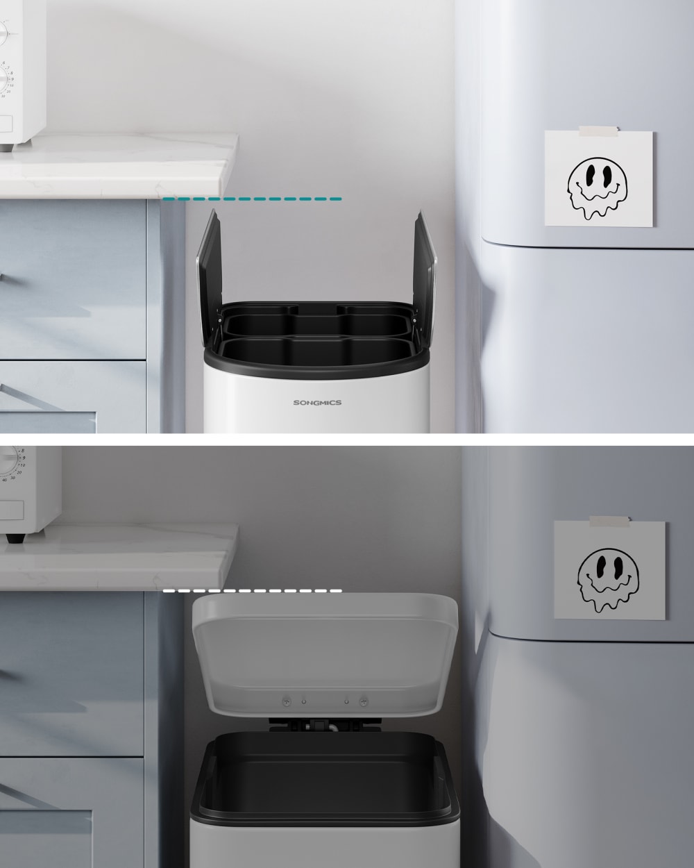 Poubelle de cuisine 30L et 20L 2 compartiments blanc nuage et argent