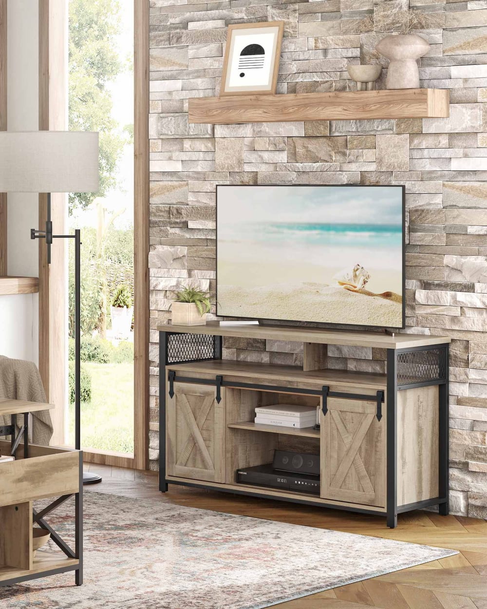 Meuble TV avec porte coulissante effet bois métal marron rustique