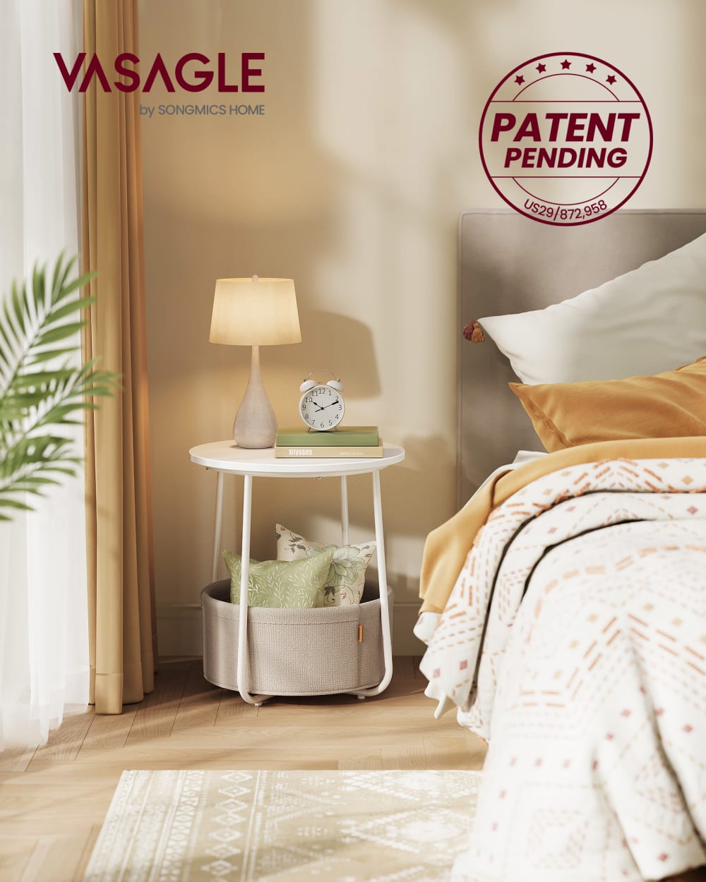 VASAGLE Petite table basse ronde pour salon chambre blanc marron et camel style classique chic Blanc Panneau De Particules - 45x50x45cm