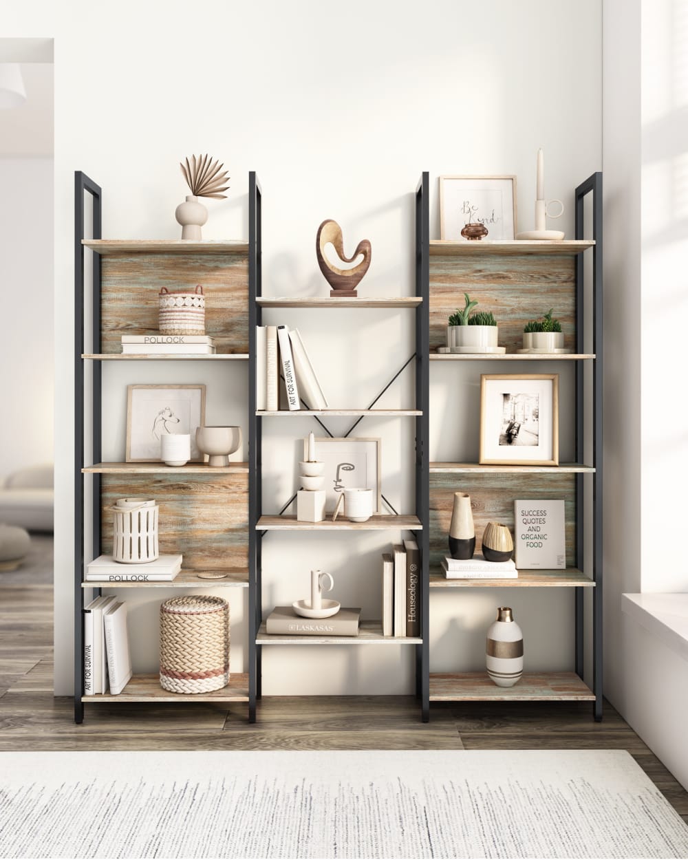 Bibliothèque 14 compartiments industriel effet bois marron turquoise