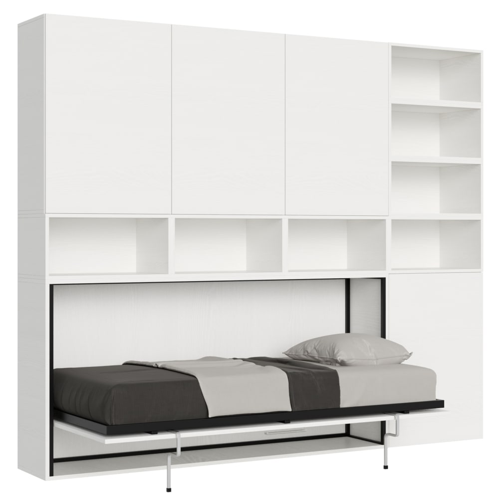 Lit escamotable horizontal 1couchage av.matelas effet bois frêne blanc