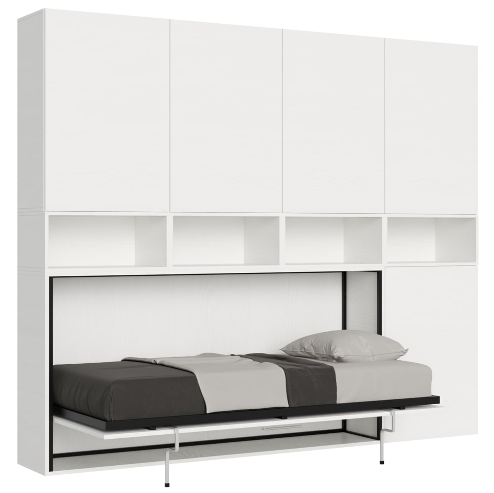 Lit escamotable horizontal 1couchage av.matelas effet bois frêne blanc